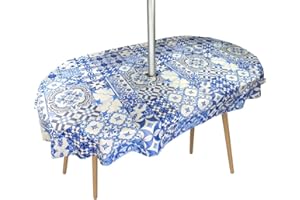 Karina Home Oval Outdoor Garden Tablecloth with Parasol Umbrella Hole Moroccan Tiles Blue Wipe Clean 180cm x 140cm