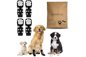 KATLKIU Set di 4 Calzini Antiscivolo per Cani con Cinturino Regolabile – Protezione Zampe in Cotone Morbido, Antigraffio, per Cani Piccoli e Grandi, Interni ed Esterni (Nero, L)