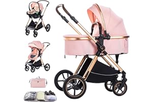 Shineey Kinderwagen 3 in 1, Alltags Buggy Faltbarer Kinderwagen Set, Kombikinderwagen 3 in 1 mit Großer Bequemer Babywanne, Laufwagen Rahmen Aluminiumlegierun (D2 Pink, H2-D)