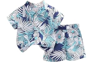 ASYBHYY Conjunto de Camisa y Pantalón Corto Hawaiano para Niños Pequeños 3.5-5 Años, Traje Casual Camisa Corta Camiseta Abotonada con Estampado Floral de Hojas & Pantalones Cortos para Playa Mar