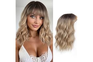 Flyroseing Hair Topper with Fringe, 6.5x6.5" Large Base Toppers for Thinning Hair Women, 14 Inch Brown Blonde with Dark Root Wavy Synthetic Wiglets Hairpieces for Women