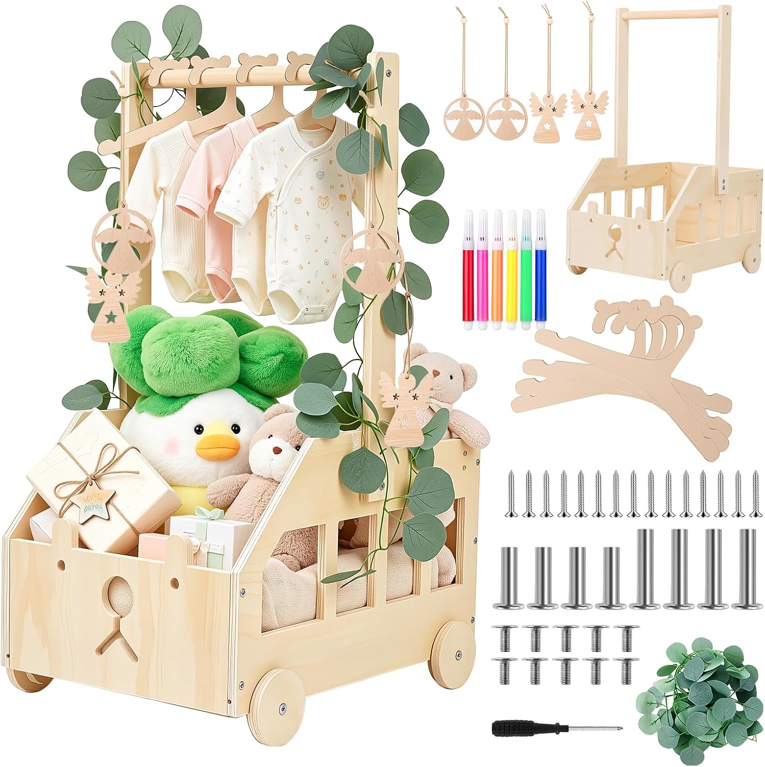 Cesta De Madera Para Bebé, Regalo Para Recién Nacido Niño Niña, Canastilla Baby Shower, Diseño Osito, Con Perchero y Ruedas, Decoración Para Habitación Infantil, Color Natural