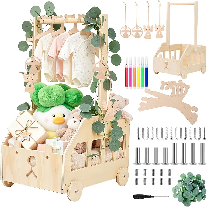 Cesta De Madera Para Bebé, Regalo Para Recién Nacido Niño Niña, Canastilla Baby Shower, Diseño Osito, Con Perchero y Ruedas, Decoración Para Habitación Infantil, Color Natural