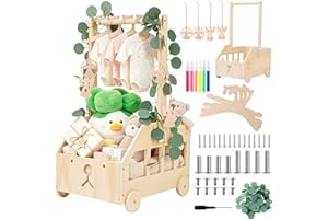 Cesta De Madera Para Bebé, Regalo Para Recién Nacido Niño Niña, Canastilla Baby Shower, Diseño Osito, Con Perchero y Ruedas, Decoración Para Habitación Infantil, Color Natural