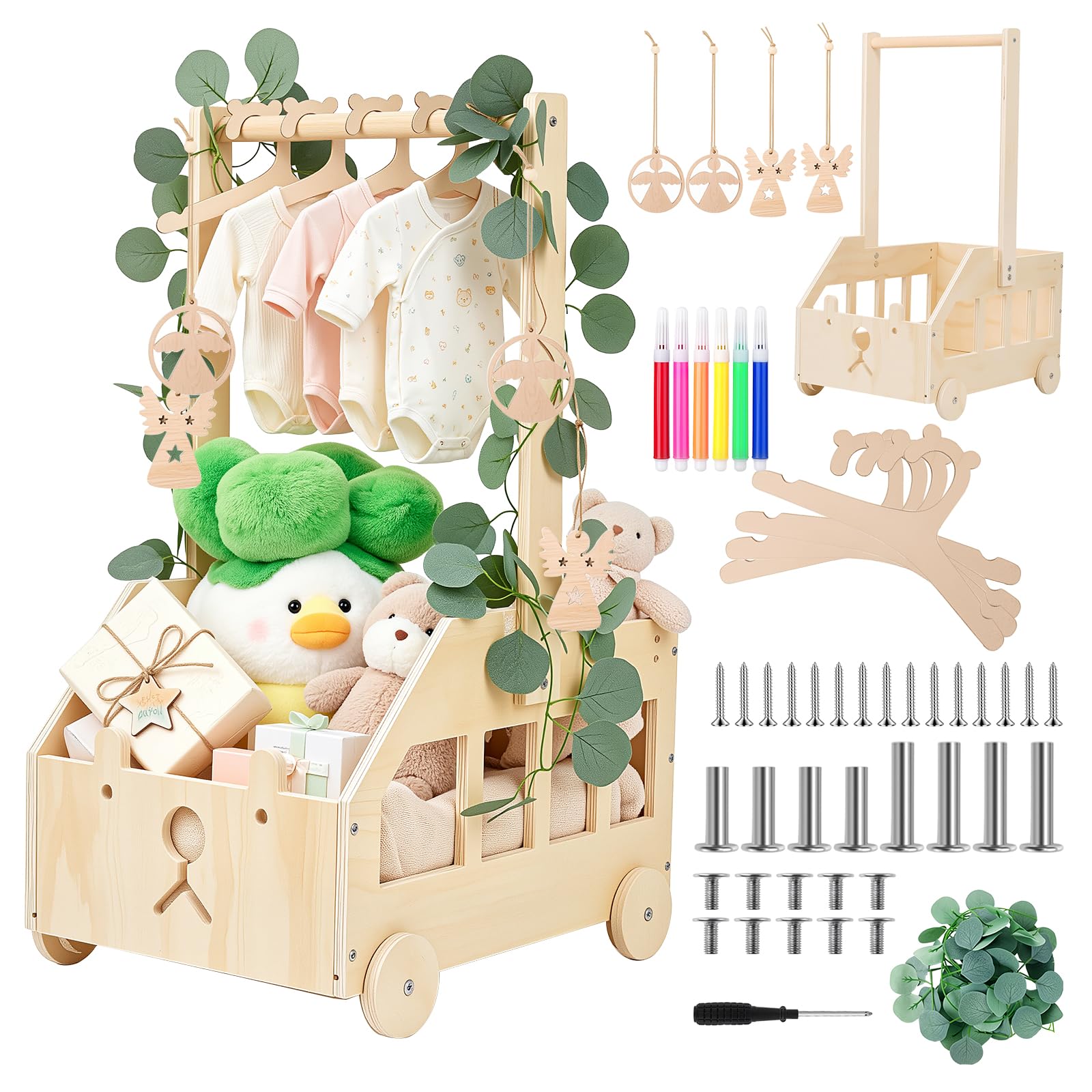 Cesta De Madera Para Bebé, Regalo Para Recién Nacido Niño Niña, Canastilla Baby Shower, Diseño Osito, Con Perchero y Ruedas, Decoración Para Habitación Infantil, Color Natural - 1