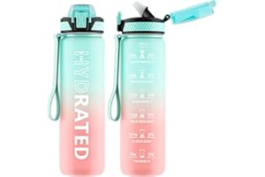 QLUR Water Bottle with Straw, 1L Drinks Bottle with Time Markings-Tritan BPA Free-Sports Water Bottle Leakproof with Lock Cover, Motivational Water Bottles for Gym, Hiking, Fitness, Yoga (1 Bottle)