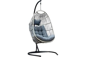 SH&G Hanging Egg Chair | Basket Chair, Stand & Cushion Set | Grey Rattan & Steel with Grey Cushion | Signature Homes and Gardens