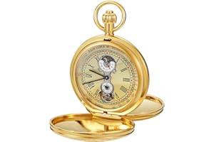 Tiong Reloj de Bolsillo mecánico de Doble Cubierta para Hombre, Reloj de Bolsillo mecánico de Cadena de Esfera con diseño de luz de Luna Romana, Caja para Hombre