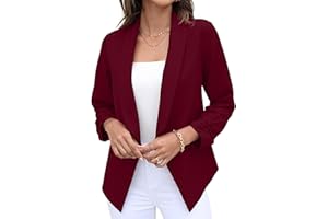 GRECERELLE Womens Blazer Suit Open Front Cardigan 3/4 Ruched Sleeve Casual Work Office Cropped Blazer Jacket for Ladies