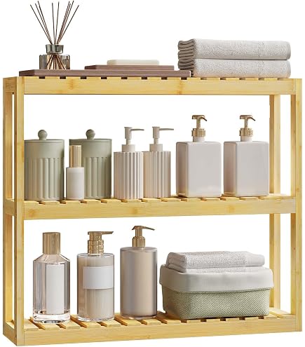 Domax Étagère de salle de bain au-dessus des toilettes – Étagère murale à 3 niveaux en bambou multifonctionnelle réglable pour salon, cuisine Domax Étagère de salle de bain au-dessus des toilettes – Étagère murale à 3 niveaux en bambou multifonctionnelle réglable pour salon, cuisine