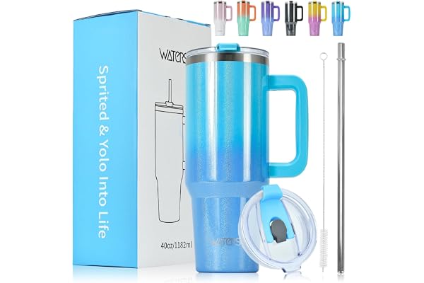 WATERSY 1182ml Gobelet à Café à Emporter, Double Paroi en Acier Inoxydable, Anti-fuite, Avec Poignée et Paille, Chaudes Pendant 12 Heures et Froides Pendant 24 Heures, Rose Blanc Brillant