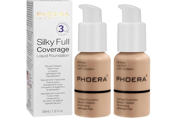 PHOERA Fond de Teint,PHOERA Foundation,imperméable Professional Makeup Fond de Teint Liquide Couvrant Tenue 24h - Matte & Poreless Finish (2pcs- 104- Buff Beige)