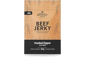 ‎GRIZZLY SNACKS Grizzly Foods • Beef Jerky Cracked Pepper (5 x 100g) • Dried Meat from German Cattle • High Protein Snack • Ideal for On the Go, Office, Sports