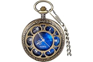 Tiong Quartz Pocket Watch Hollow Steampunk Blue Star Design Roman Numerals Pocket Watch with Chain Christmas Gifts
