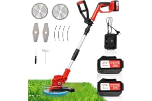 OUTIGO Debroussailleuse Electrique sans Fil Pliable, 2 * 4000mAh Batteries, Débroussailleuse à Gazon Portable d'extérieur pour Couper l'herbe avec Roues latérales et Lame 3 en 1,Idéal pour tondre les jardins
