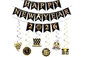 CLOVERCY Happy New Year 2026 Banner, New Years Eve Decorations, Black Gold Hanging Swirls Streamers for 2026 New Year's Eve Party Decorations Supplies