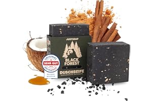 JUSTSOAP JUST SOAP Duschseife festes Duschgel 150g [Handmade in Germany] Black Forest Nachhaltig Vegan Silikonfrei Plastikfrei Naturseife Bio-Kokosöl Peeling Aktivkohle Pflegend Rückfettend