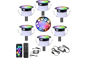 GEYUEYA Home Smart LED Decking Lights RGBW+IC Color Change Deck Light Waterproof IP67 Ø45MM 12V LED Plinth Lights with Remote Control for Terrace/Patio/Festival/Decoration - 6 Pack