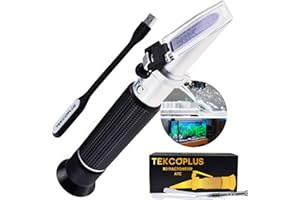 TEKCOPLUS Tri-Scale Salinity,Brix,Density 1.000~1.070g/cm3 Refractometer ATC Optics, 0-10% Brix,0-100 ppt Salinity CNC Cutting Liquid for Salt Sea Water Aquarium Tank Marine Industry w/ LED light + Pipettes