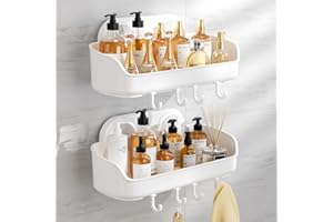 Luxear Lot de 2 Étagère Douche Sans Perçage Ventouse avec Crochets pour Salle de Bain Serviteur de Douche Cusine Amovible Panier de Rangement Mural Plastique Pour Shampooing Gel douche-Blanc