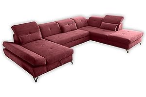 Stella Trading MELFI Wohnlandschaft in U-Form, Stoffbezug Berry - Ausziehbares Sofa mit Schlaffunktion & Bettkasten - 350 x 73 (96) x 245 cm (B/H/T)