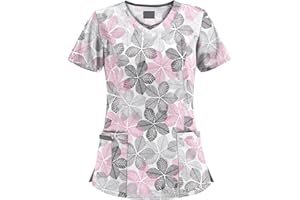 HSUAYEUD Scrubs Tops for Women Nurse Uniforms for Women Pattern Short Sleeve V-Neck Scrubs Shirts Graphic Tee Tops Medical Uniform with Pockets