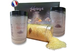 HENORA Coffret sels de bain Premium 3x500g Monoï,Mangue,Coco -100% sel de mer français - Parfums de Grasse - Bon sommeil - Soulage le stress, muscles, relaxant - Corps Pieds - Cadeau fête des mères - Pâque