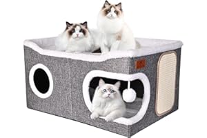PETTDATE Extra Große Katzenhaus Indoor, 2-stöckige Kuschelhöhle mit Kratzbrett und Spielball, Katzenhöhle für Katzen, Ideal für Mehrere Kleine Haustiere und Große Kätzchen, Grau
