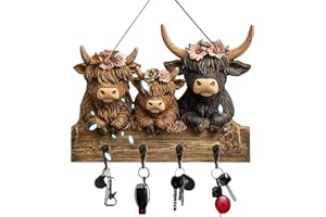 LONGGAOGAO 2D Highland Cow Ornaments Key Holder,Highland Cattle Ornaments,NOT 3D Bullhead Animal Wooden Towel Key Hooks Coat Hanger with 4 Hooks,Cow Wall Decorative Key Rack for Entryway Hallway Farmhouse