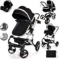Baby Buggy Stroller Pram Pushchair Lightweight Folding Strollers 3 in1 Travel System Baby Trolley Pram for Newborns Toddlers 0-36 Months from Birth (Black - Silver Frame)