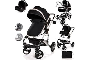 BAYOBAY Baby Stroller Pram Pushchair Buggy Lightweight Folding Strollers 3 in1 Travel System Baby Trolley Baby Pram for Newborns Toddlers 0-36 Months from Birth… (Black - Silver Frame)