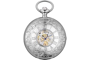 BOSHIYA Pocket Watch Vintage Mechanical Luminous Steampunk Skeleton Roman Numberals Hand Wind Up Pocket Watches with Chain for Men & Gift Box