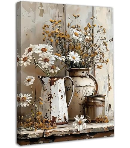 Dipinto a olio vintage con margherite: arte floreale in stile cottage, decorazione da parete neutra per soggiorno, stampa di un dipinto a olio con