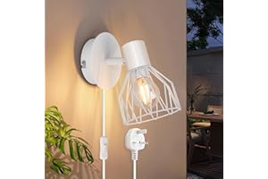 Kimjo Plug in Wall Lights for Bedroom - Wall Light Plug in Wall Lamp with Switch and Cable - Wall Lighting Fixtures 350° Rotatable Wall Sconce Lights E14 - White Wall Light for Living Room No Bulb