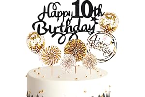 Cymeosh Tortendeko 10. Geburtstag Mädchen Jungen, Kuchen Topper Happy 10th Birthday Schwarz Gold, Glitzer Kuchen Deko Geburtstag Ballon Konfetti für Geburtstagstorte Deko 10 Jahre Kinder