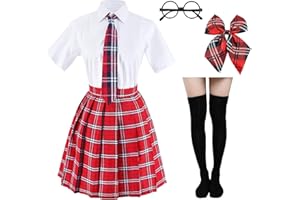 Elibelle Japanese tartan pleated school uniform cosplay costumes with socks eyeglass frame set