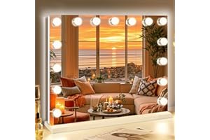 FENCHILIN Lustro Hollywood z oświetleniem RGB, z 15 przyciemnianymi oświetleniami, 3 tryby świecenia, lustro Hollywood z oświetleniem, 10-krotne powiększenie HD, szkło hartowane, białe, 58 cm x 46 cm