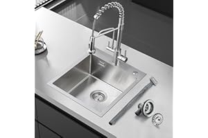 ROVOGO 304 Edelstahl Spülbecken Klein, 50 x 43 cm Spüle Küche mit Ablauf-Set, Küchenspüle mit Löchern für Armatur und Seifenspender, 1 Becken Einbauspüle Gebürstet