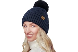 YAKASU Bonnet Femme Hiver - Chapeau Femme Pompon Bonnet en Tricot Chaud Doublé Polaire Knitted Beanie Femme Bonnet Hats d'hiver Chic Fille Noir Blanc