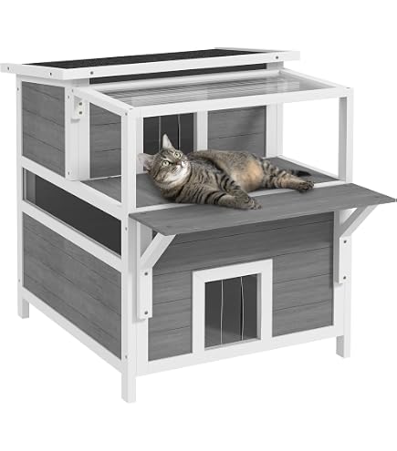 Dehner Lieblinge Katzenhaus Maison, Katzenhöhle Outdoor, Hütte für Katzen, robust, ca. 78 x 75 x 73 cm, Tannenholz, grau/weiß Haustier