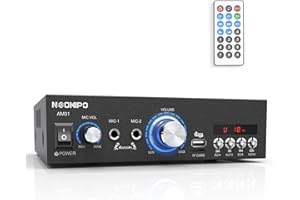 NEOHIPO Bluetooth Audio Amplifier, 2.0 Channel Hi-Fi Karaoke Amp 300W Peak Power Stereo Receiver for Home Passive Speakers, with RCA, BT, FM, USB, TF Card, 2 Micphones input and Remote Control AM01