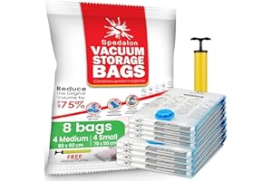 SPEDALON Vacuum Storage Bags - Pack of 8 (4 Medium (80 x 60 cm) + 4 Small (70 x 50 cm)) - Save Space for Bedding, Duvets, Clothes | ReUsable with free Hand Pump for travel packing