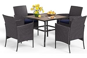 MFSTUDIO 37" Patio Dining Table Set Square with 4 PE Rattan Chairs Backyard Bistro Table Set Outdoor Furniture with 1.57 Umbrella Hole