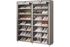 MOYIPIN 7-Tier Shoes Rack, Shoe Storage Cabinet with Dustproof Cover Space Saver Hold up to 28 Pairs of Shoes in Living Room, Hallway, 125 x 92 x 28.5 cm, Grey