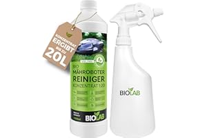BIOLAB Kit de nettoyage bio pour robot tondeuse, concentré 1:20 (1000 ml + flacon pulvérisateur) pour robot de nettoyage de tondeuse, convient pour Gardena, Husquarna, Bosch, Einhell, Worx ...
