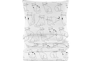 ‎COTTON MARKET Cotton Market Bettwäsche 135x200 cm - Bettwäsche Baumwolle - Bettwäsche-Sets 2 Teilig - Bettbezug 135x200 cm und 1 Kissenbezug 70x80 cm - Weiß, Katzen