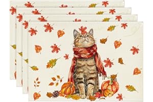 ‎ARTOID MODE Artoid Mode Katze Kürbisse Ahornblätter Herbst Platzsets 4er Set, 30x45cm Urlaub Tischsets Waschbar Platzdeckchen Küche Party Deko