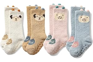 Jupsk 4 Paires Bébé Chaussettes Antidérapantes Chausson Enfant Chaussettes Haute Chaudes d'hiver Thermique Chaussettes pour Bebe Naissance Fille Garçon 0-18 Mois, Motif Animaux