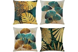 BCKAKQA Throw Pillow Cases Pack of 4 Green and Gold Leaves Cushion Covers 18x18 inch Linen Square Throw Pillow Covers for Living Room Sofa Couch Bed Pillowcases 45cm x 45cm