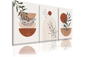 Boho Wall Art Prints，Boho Wall Decor, Mid Century Modern Wall Art，Set of 3 Prints, Abstract Geometric Prints Black Beige Terracotta Minimalist Art, Natural Framed Canvas Prints Artwork For Living Room